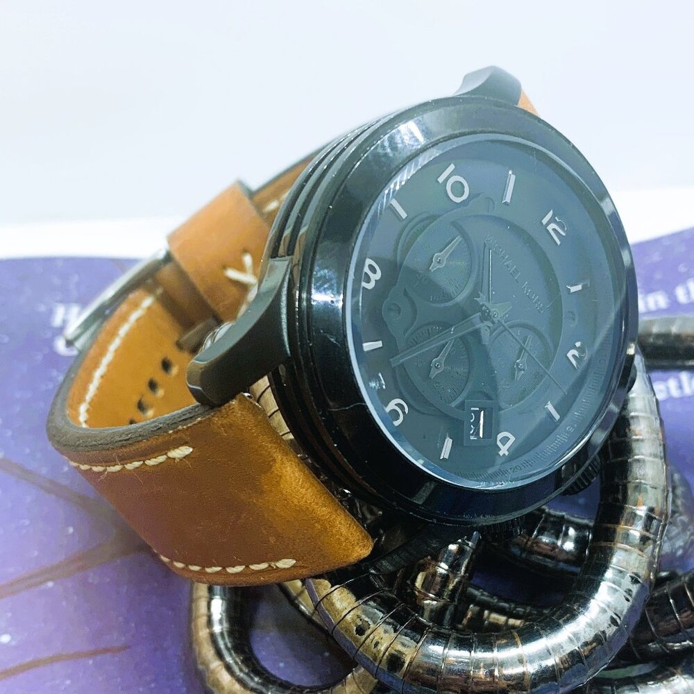 Michael Kors Runway MK8157 Blacked Out Case/Dial/Brown Leather Men's Watch
